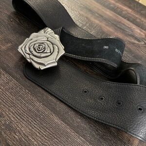 Women’s Brighton Black Leather Belt with Silver Rose Buckle